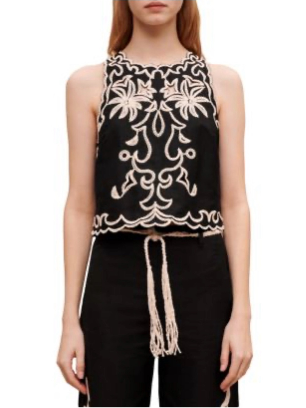 Maje Black Camisole Top with Cream Embroidered Detail